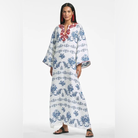 New Sachin + Babi Alyssa Caftan Indigo/Ivory Beaded Red Garland Size L - Picture 1 of 16